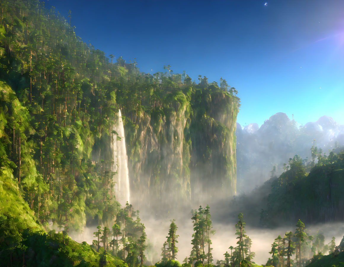 Misty forested cliffs with waterfalls and sunlight piercing through morning fog