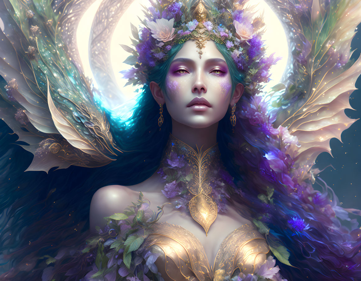 Fantastical illustration of elegant woman with floral crown and ethereal wings