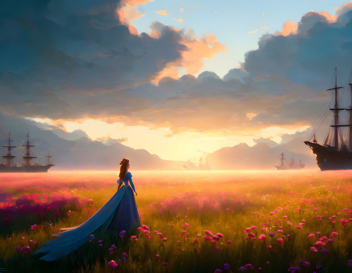 Woman in Blue Dress in Pink Flower Field at Sunset