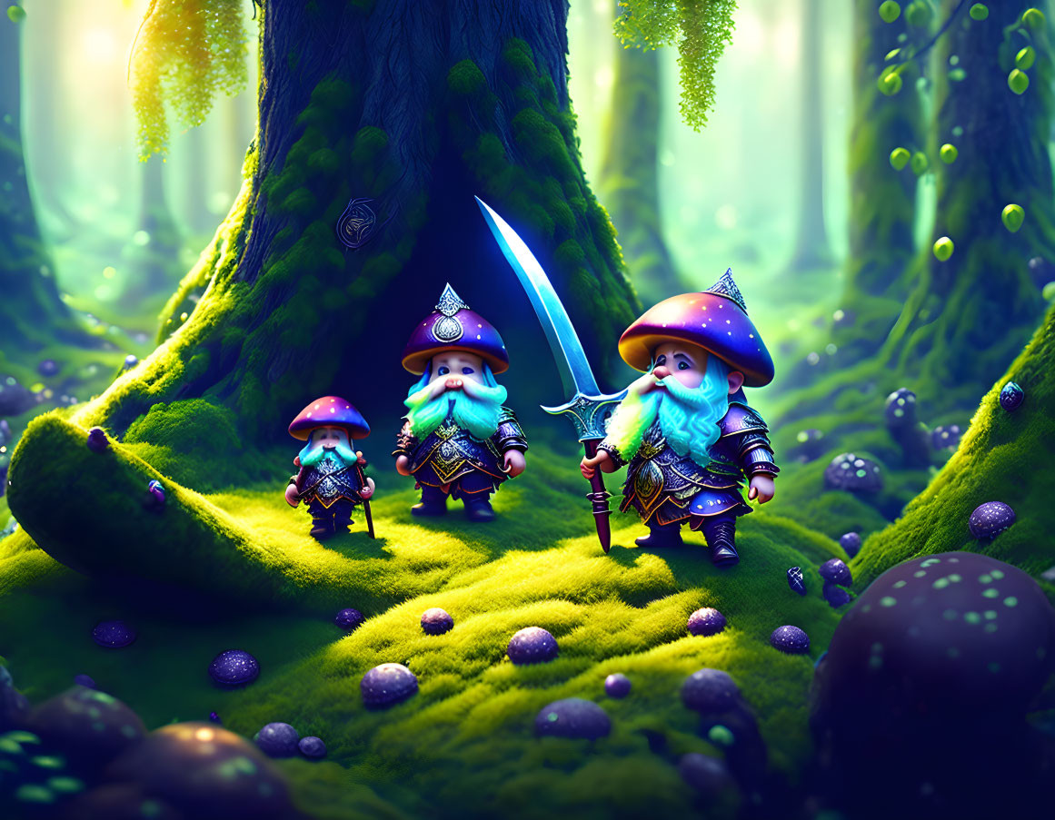 Armored dwarves with axes in enchanted forest with glowing mushrooms