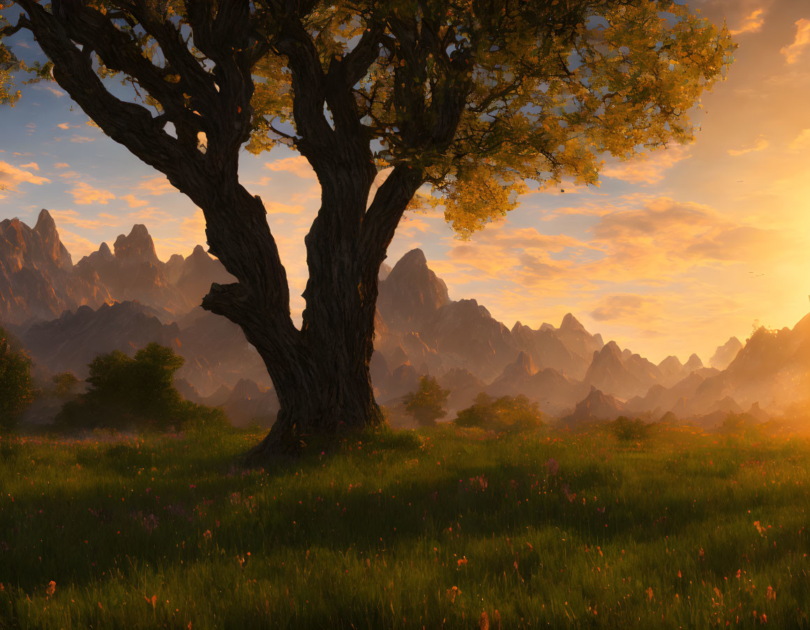 Majestic tree and mountain range in serene sunset landscape