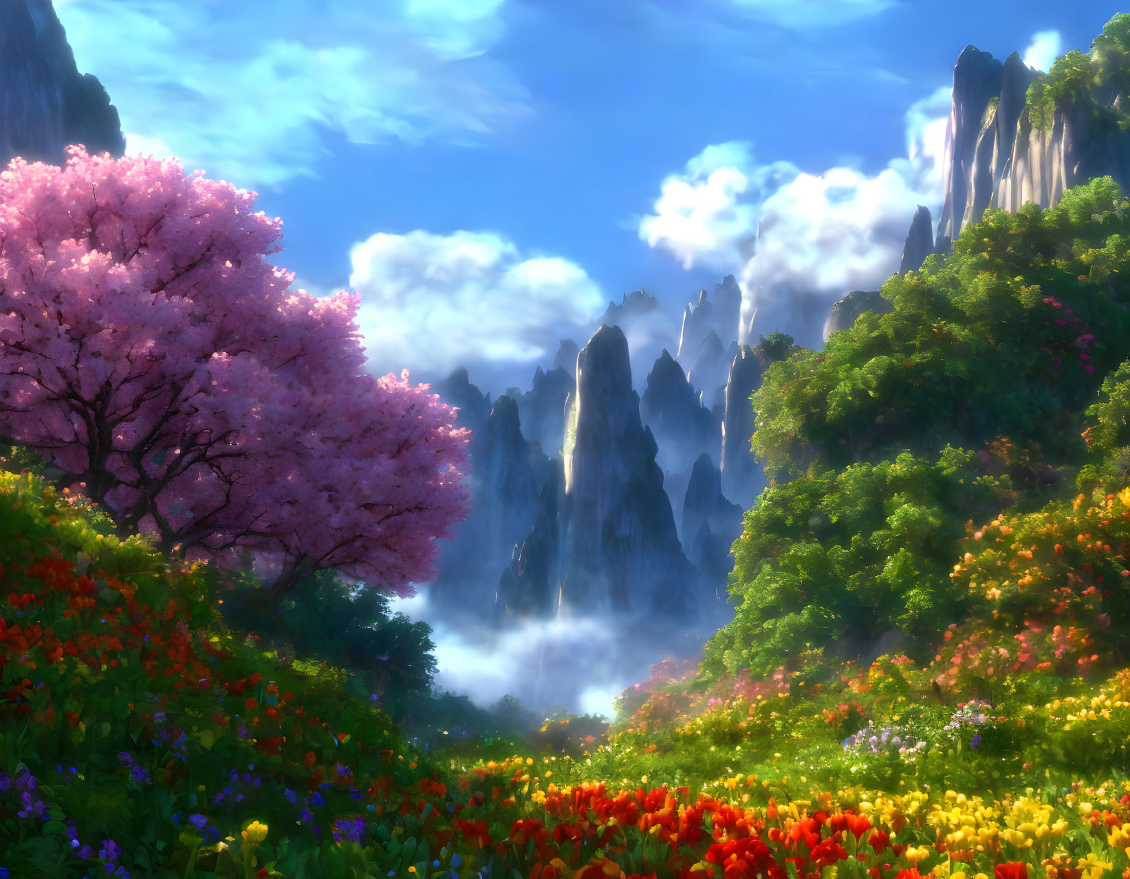 Colorful landscape with pink tree, flowers, mist, and mountains under blue sky