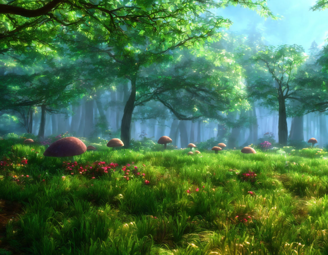 Tranquil Forest Scene with Sunlight, Mushrooms, and Flowers