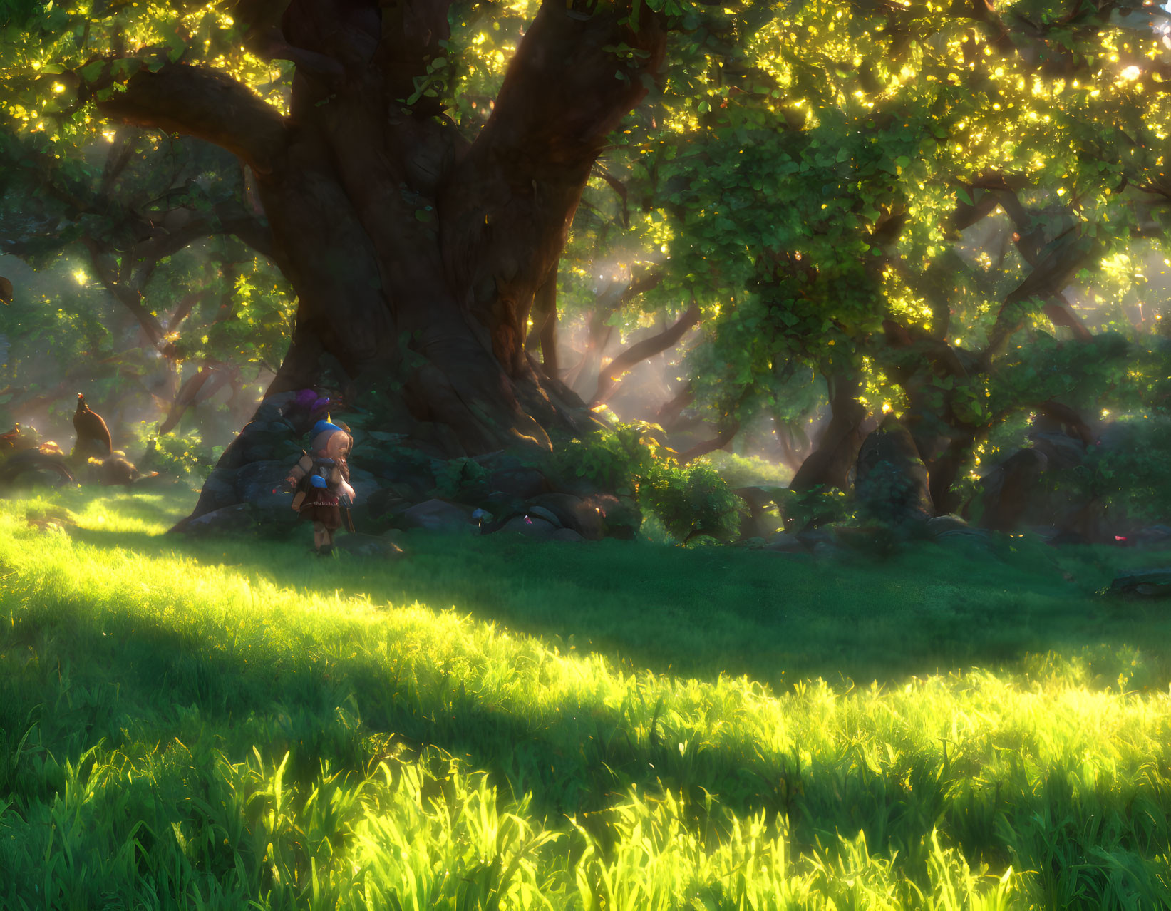 Enchanted forest scene with soft sunlight and lone character