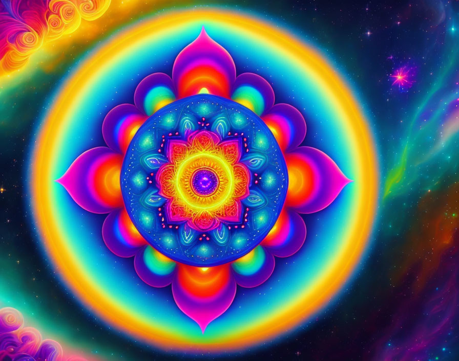 Colorful Psychedelic Mandala Artwork with Cosmic Background