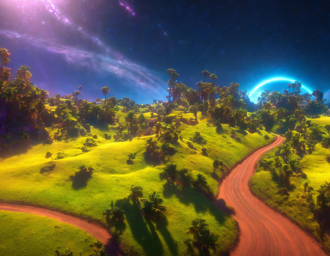 Fantasy landscape with lush greenery, dirt path, tall palms, starry sky, nebula