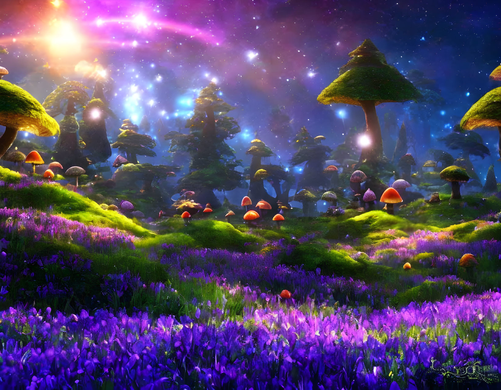 Fantasy landscape with oversized glowing mushrooms under starry sky