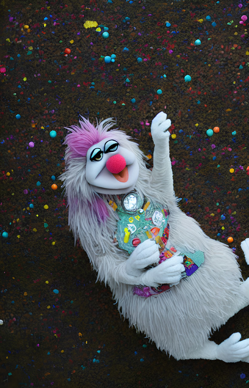 Colorful Cartoon Character in White and Purple Costume with Candy and Confetti