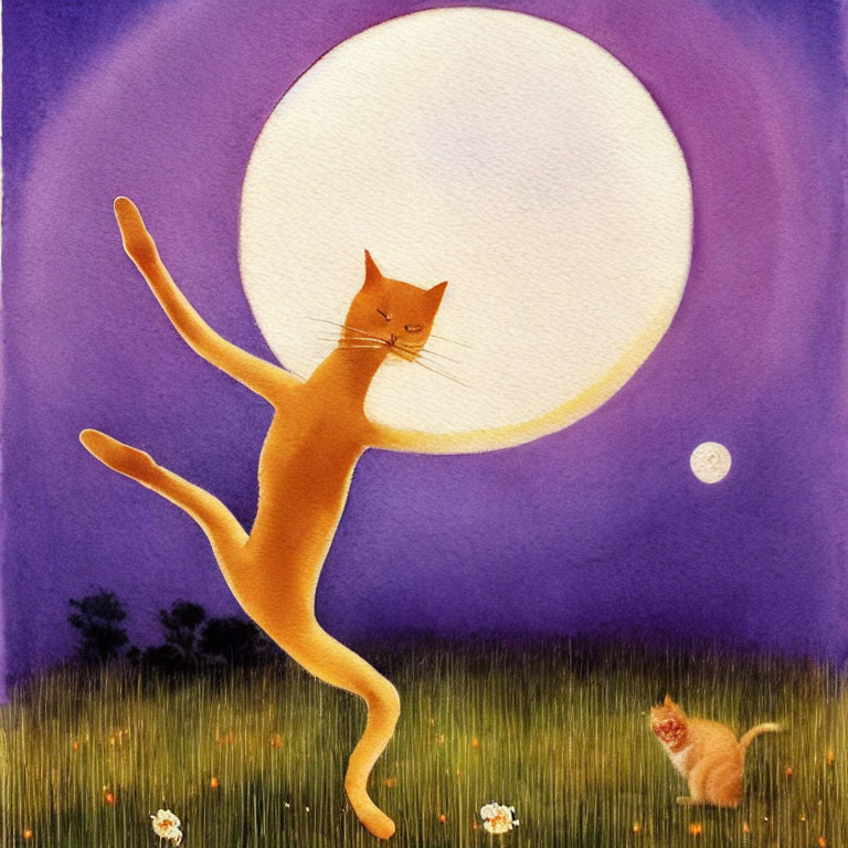 Whimsical illustration of orange cat dancing under full moon