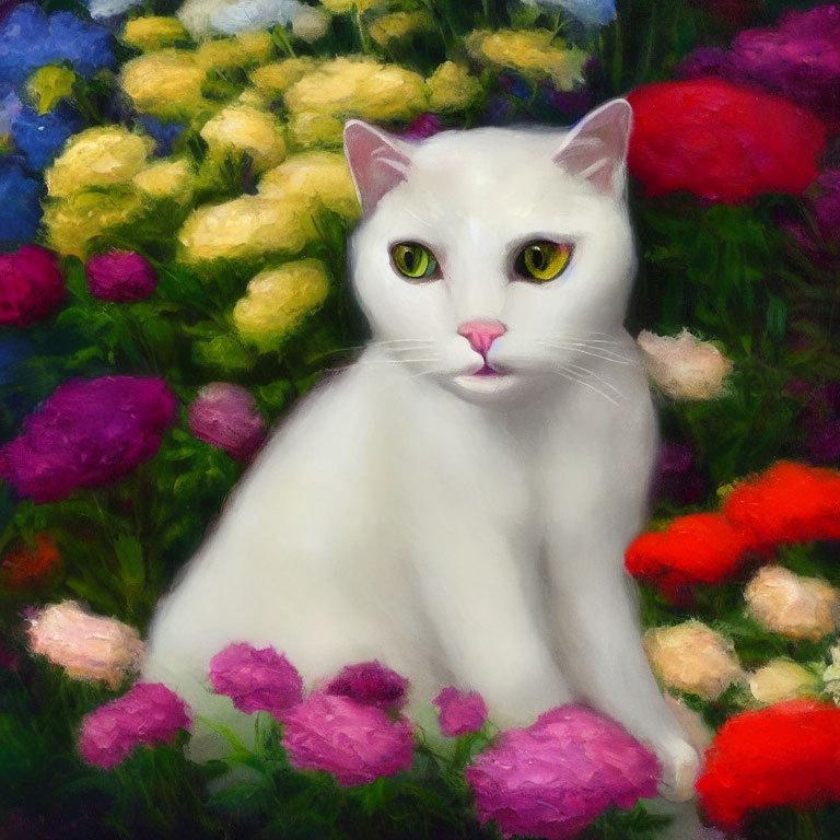 White Cat with Striking Yellow Eyes in Colorful Garden