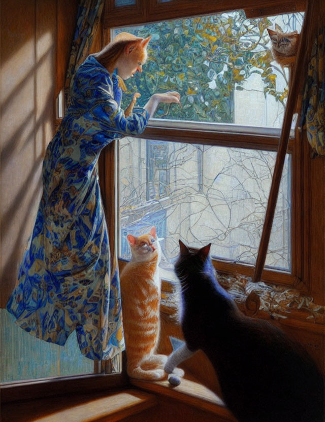 Woman in Blue Patterned Dress with Ginger Cat on Windowsill