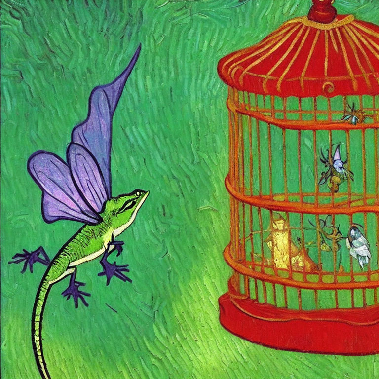 Green lizard with purple wings and fairies in a red birdcage on textured green background