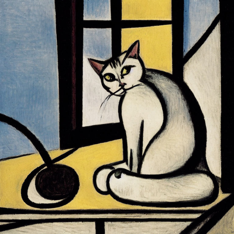 Stylized painting: Cat with large eyes on yellow ledge by blue window.