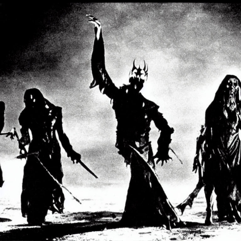 Grainy Black and White Image of Sinister Cloaked Figures