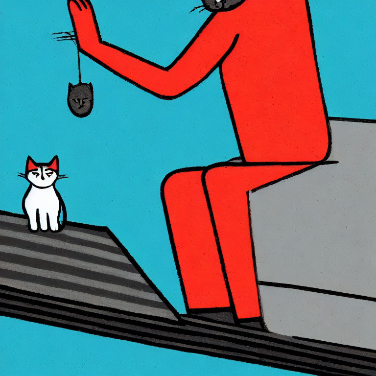 Stylized red figure with toy and white cat illustration