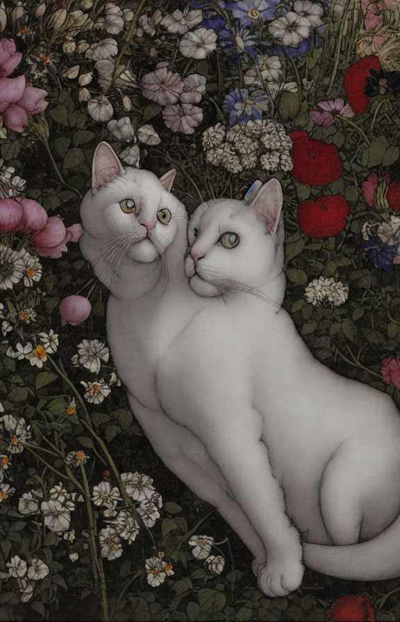 Two white cats with mismatched eyes in vibrant flower garden.