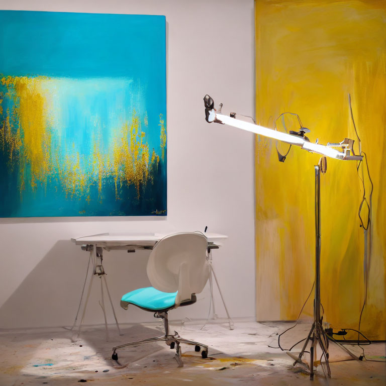 Contemporary art studio with white table, rolling chair, large lamp, blue and yellow abstract paintings.