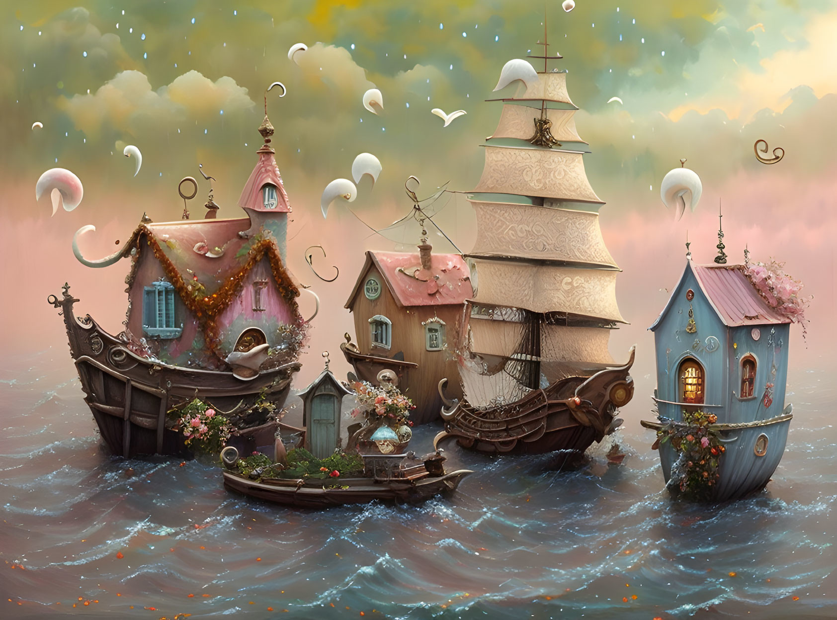 Whimsical painting of three sailing houses on wavy seas