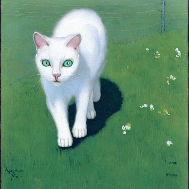 White Cat with Green Eyes Walking on Grass with Flowers and Fence Backdrop