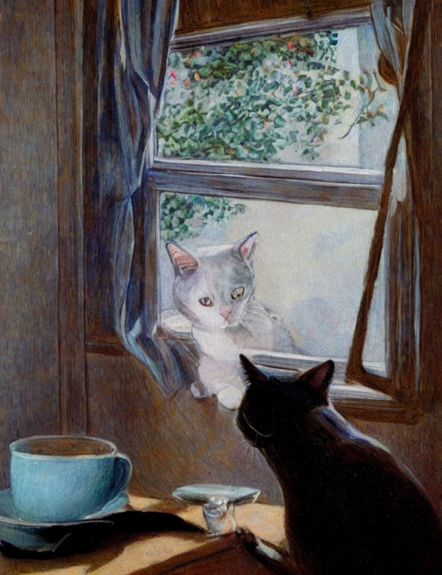 Black and white cats gaze through window with coffee cup