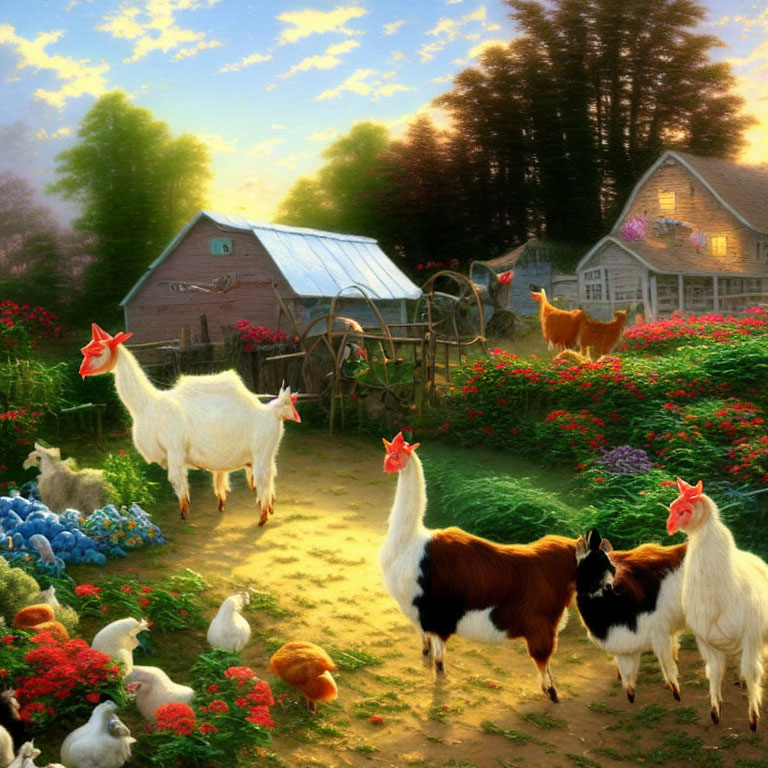 Tranquil farm scene with animals, flowers, waterwheel, and rustic buildings