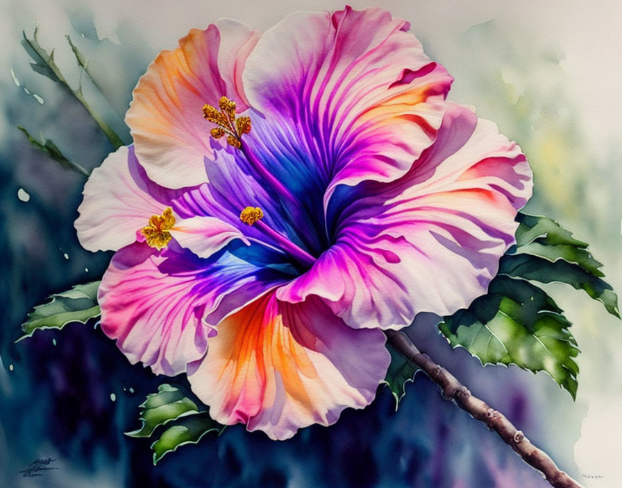 Colorful Watercolor Painting of Large Hibiscus Flower