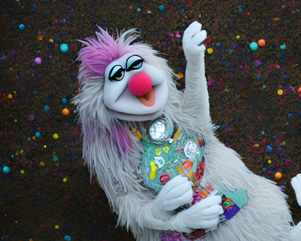 Colorful Cartoon Character in White and Purple Costume with Candy and Confetti