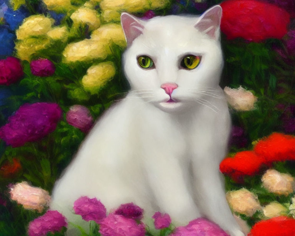 White Cat with Striking Yellow Eyes in Colorful Garden