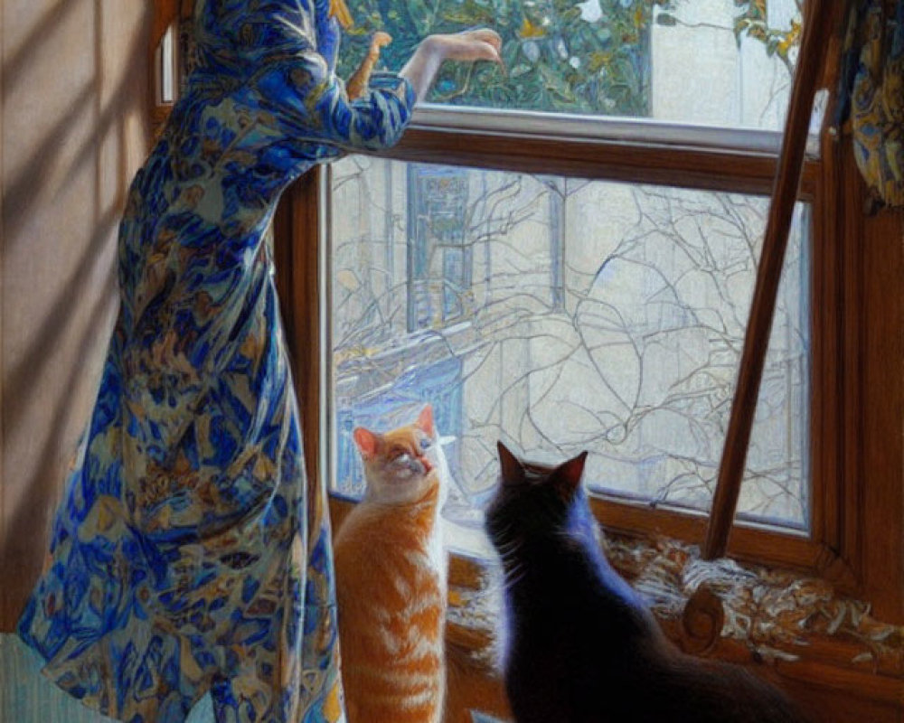 Woman in Blue Patterned Dress with Ginger Cat on Windowsill