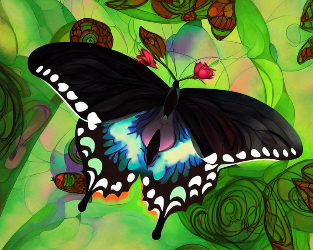 Colorful Butterfly Artwork with Blue and Black Wings on Green Leaf Background