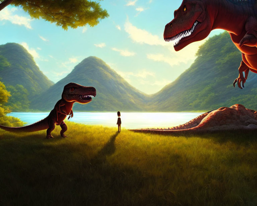 Person facing two large dinosaurs in serene lakeside landscape