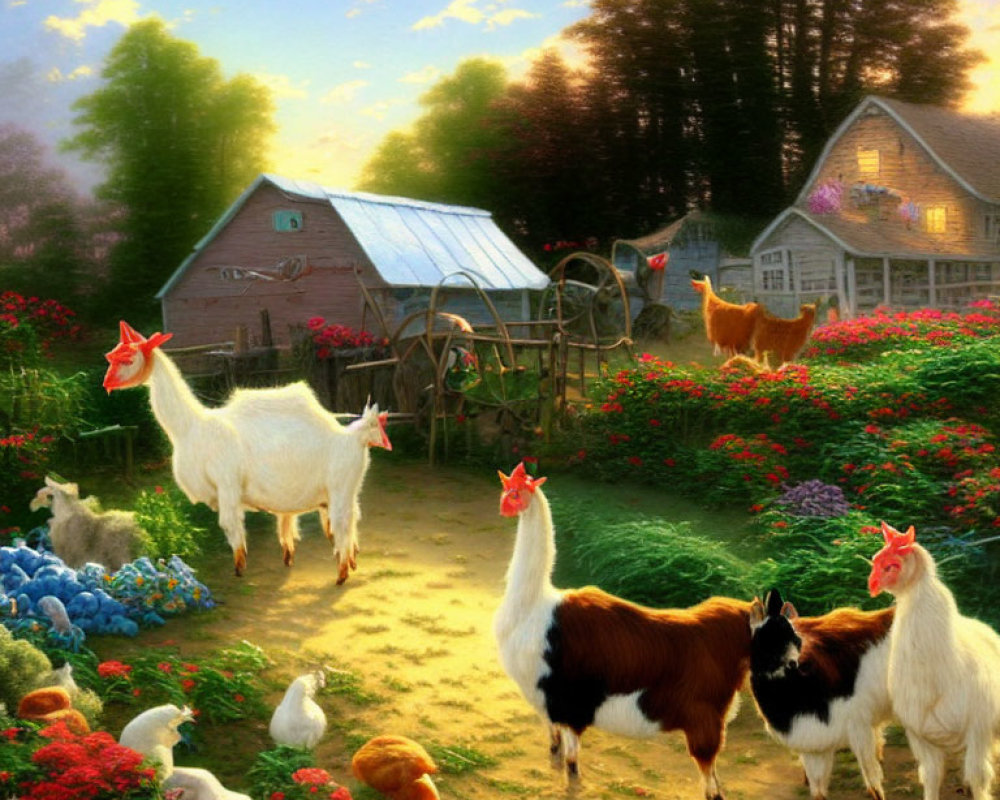 Tranquil farm scene with animals, flowers, waterwheel, and rustic buildings