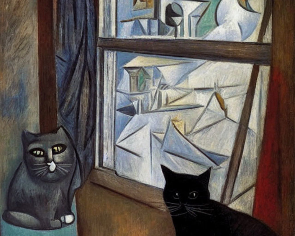 Cubist painting of two cats by a window with seaside village scene