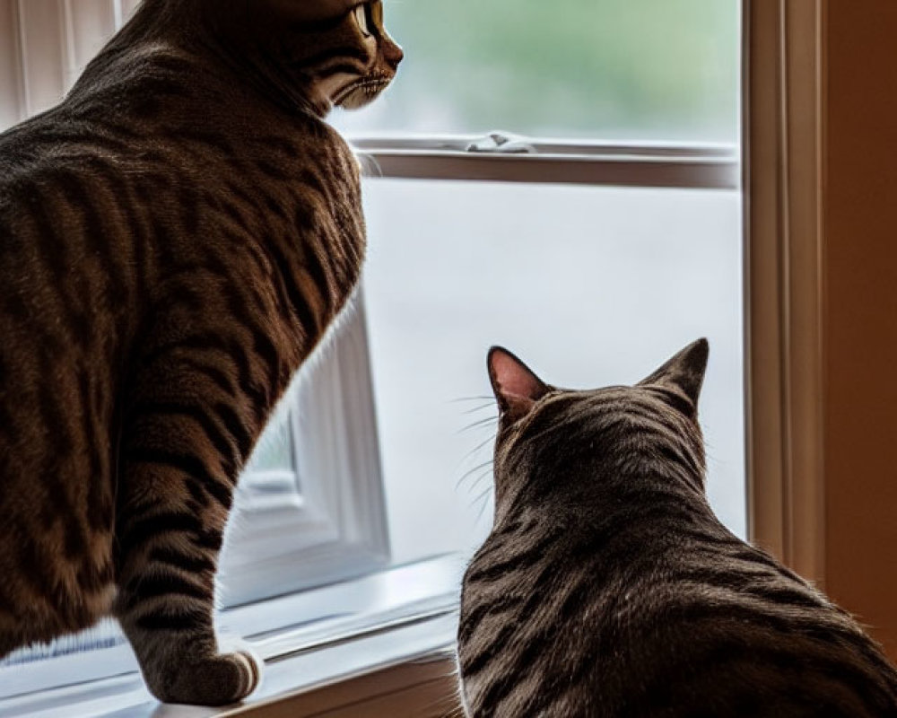 Two Striped Cats on Windowsill, One Sitting, One Standing