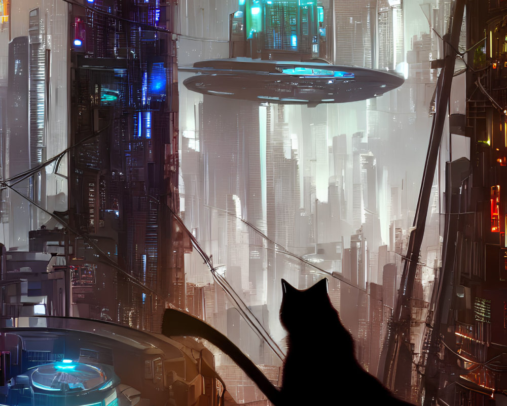 Futuristic cityscape with cat silhouette at night