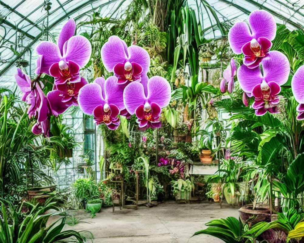 Purple Orchids in Glass Ceiling Greenhouse