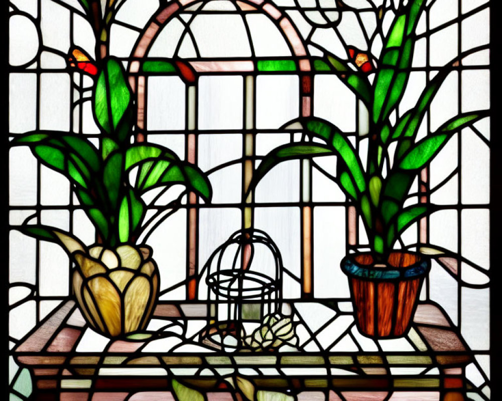 Colorful Plants, Birdcage, and Intertwining Branches in Stained Glass Window