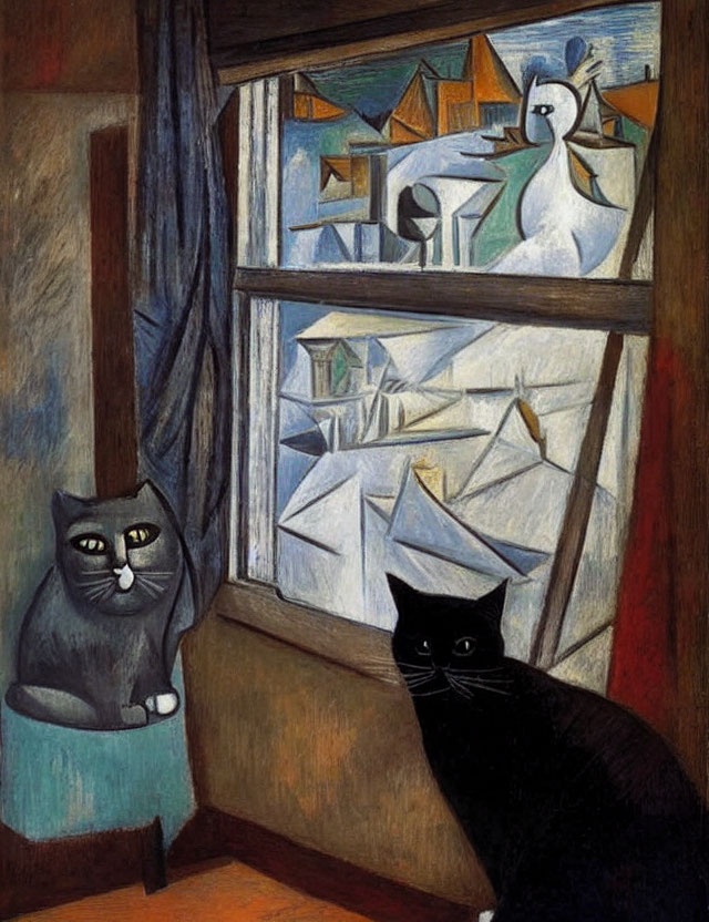 Cubist painting of two cats by a window with seaside village scene