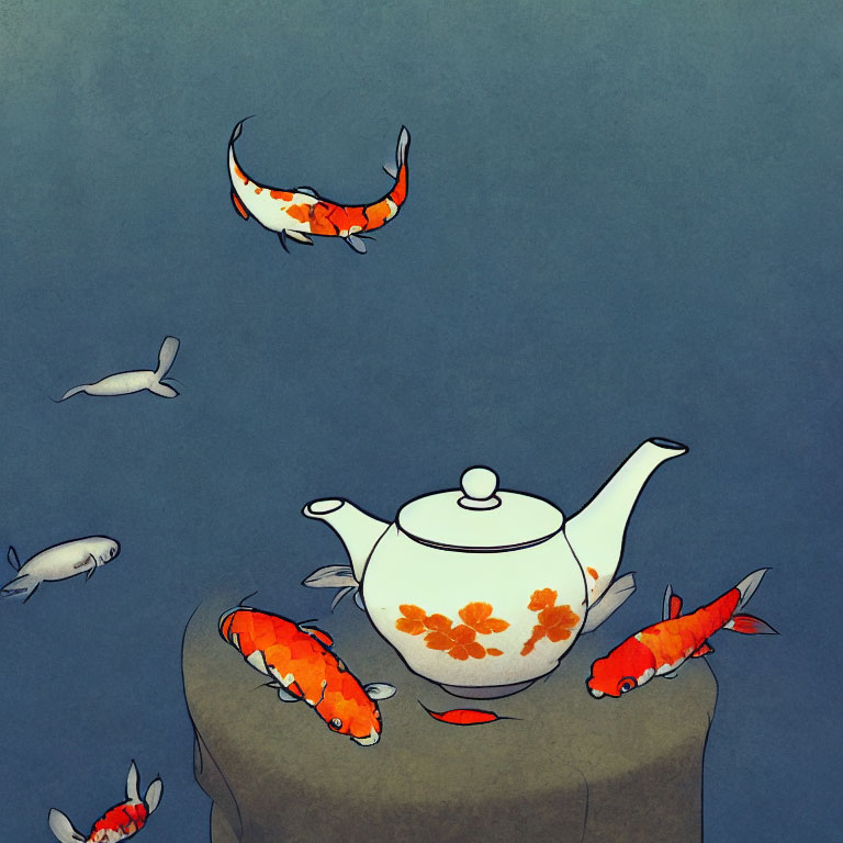 Stylized orange and white koi fish with teapot and floral designs on blue backdrop