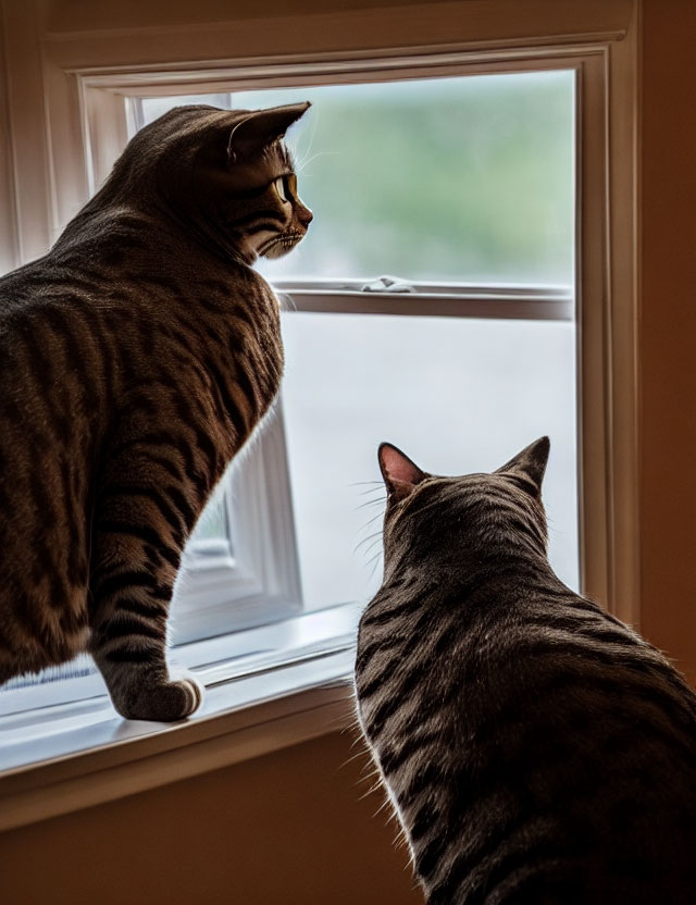 Two Striped Cats on Windowsill, One Sitting, One Standing