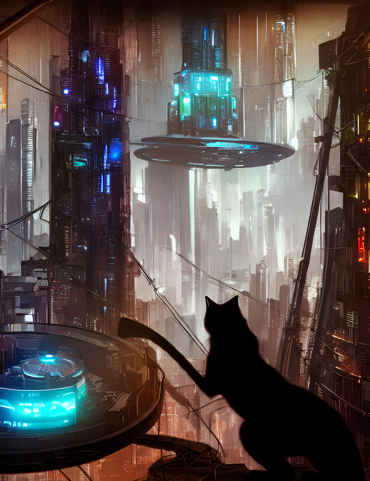 Futuristic cityscape with cat silhouette at night