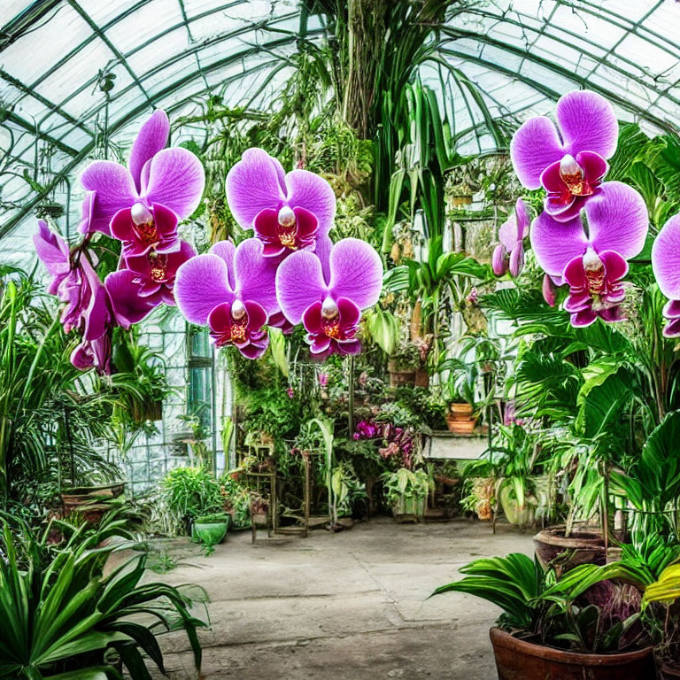 Purple Orchids in Glass Ceiling Greenhouse