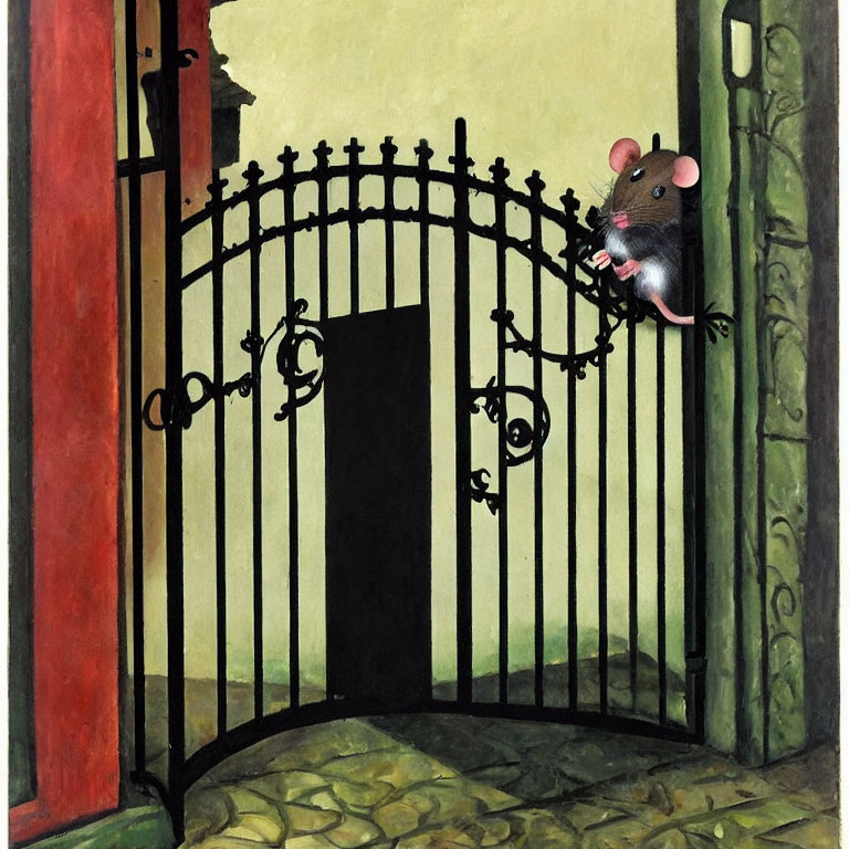 Whimsical small mouse on ornate black iron gate in green setting