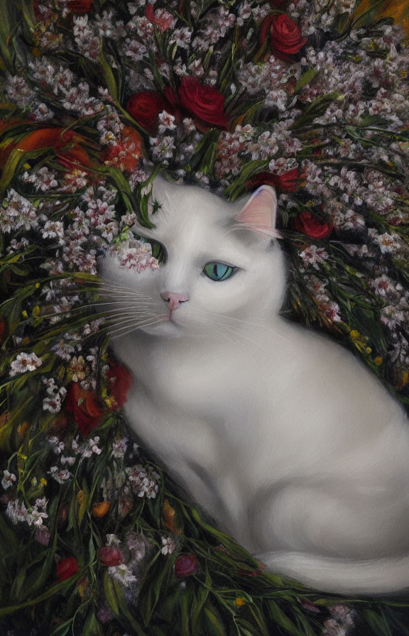 White Cat with Heterochromatic Eyes Resting Among Colorful Flowers