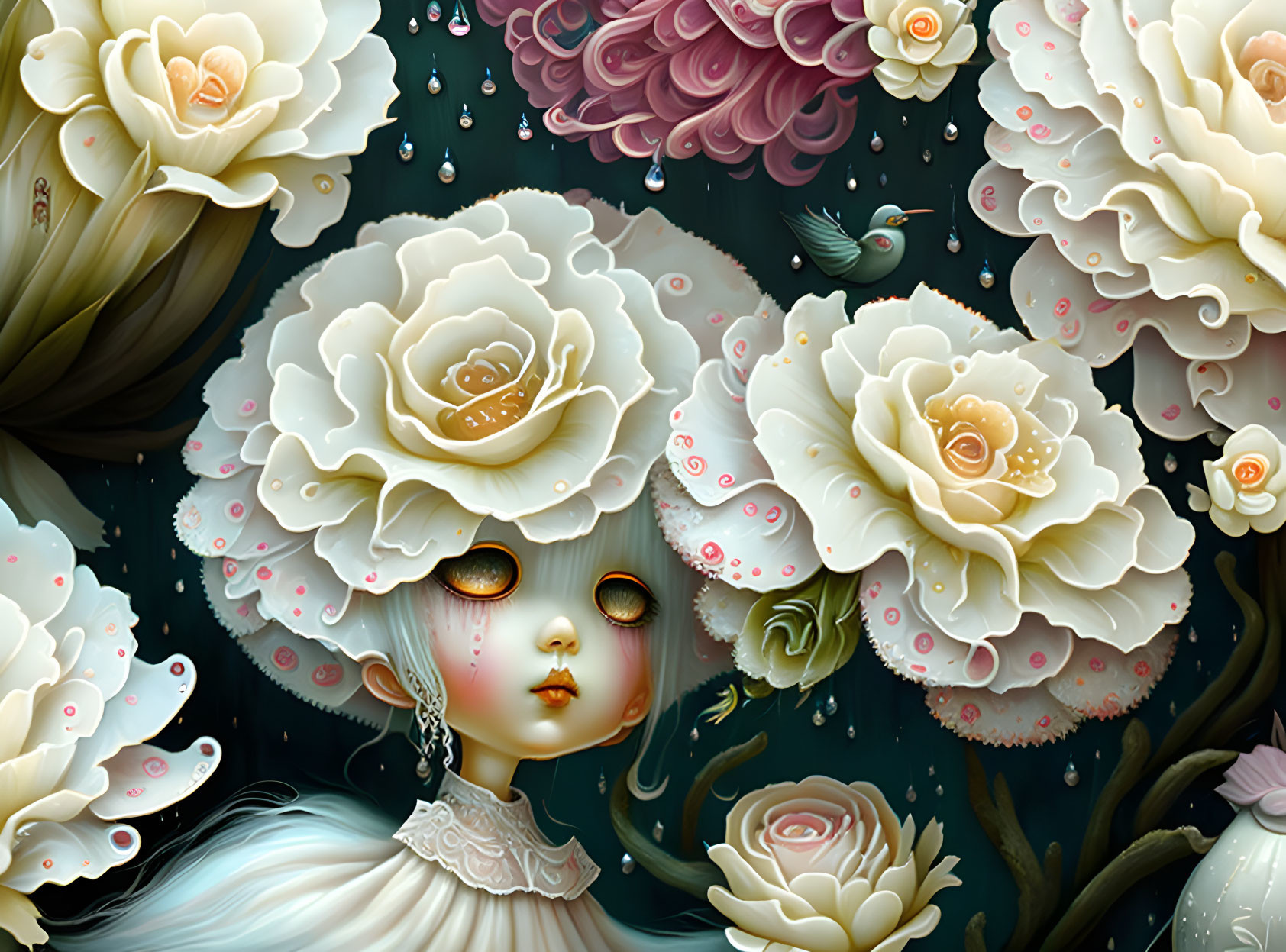 Surreal female figure with rose-like hair in a floral setting