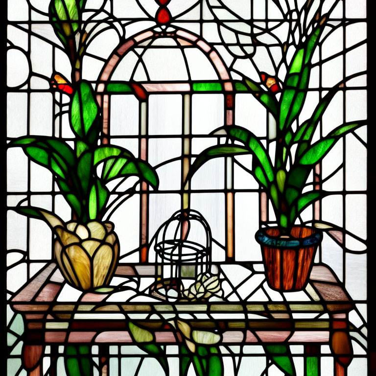 Colorful Plants, Birdcage, and Intertwining Branches in Stained Glass Window