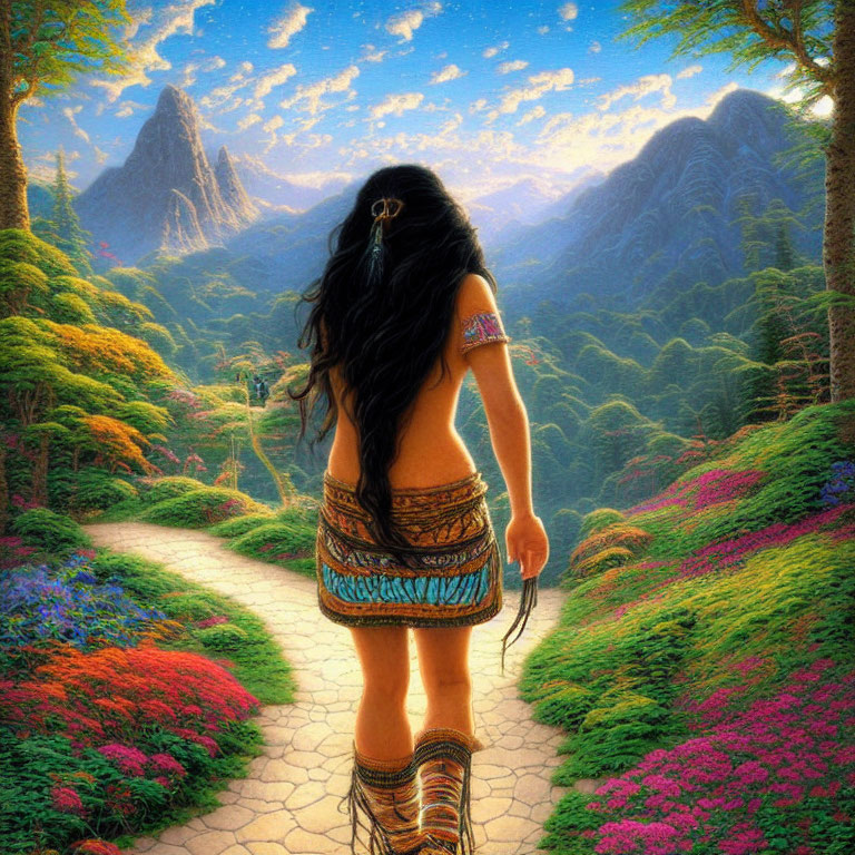 Woman in tribal attire walking through vibrant forest with mountains