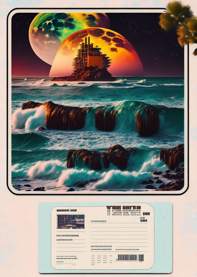 Retro-futuristic postcard: Waves, planet, city silhouette in sunset sky