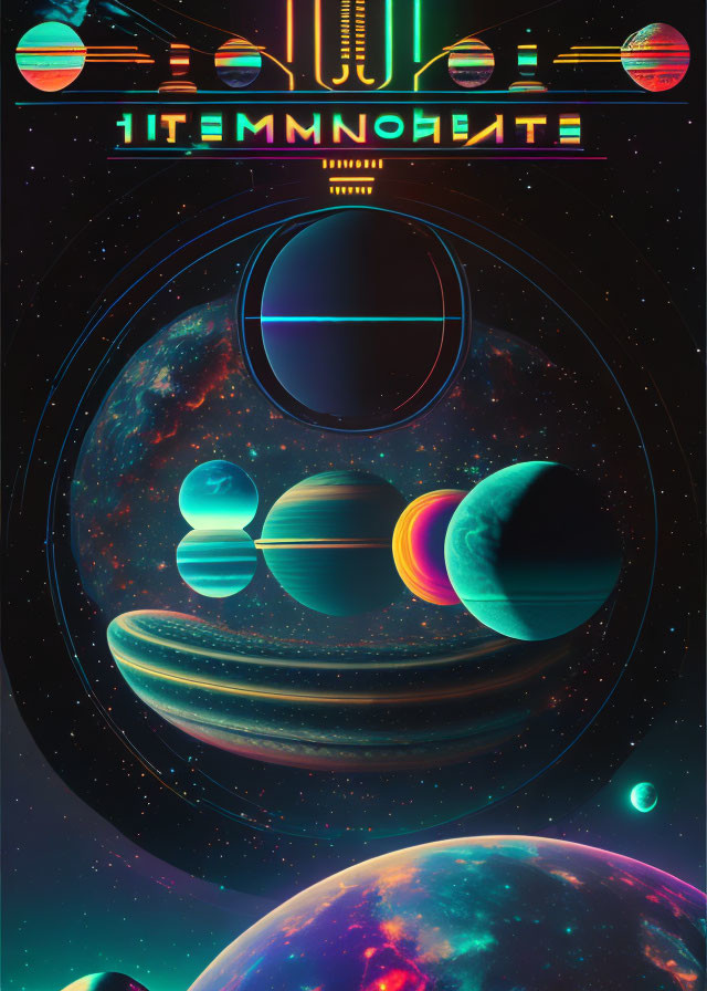 Colorful Retro-Futuristic Space Poster with Neon Planets and Geometric Shapes