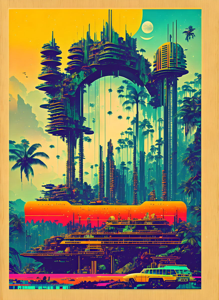 Retro-futuristic cityscape: towering buildings, palm trees, hover train, ring structure